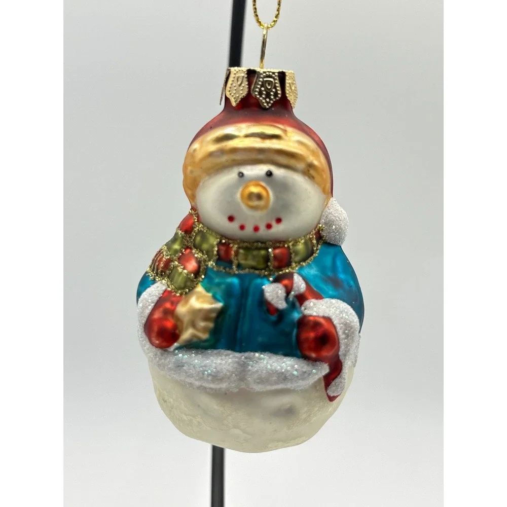 Vintage Blown Glass Snowman Christmas Ornament Blue Coat Red Hat Holiday Decor